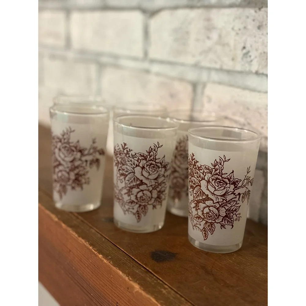 Swanky Swig Vintage MCM Frosted Glass Tumblers Brown Rose Floral 8 Oz Set Of 6
